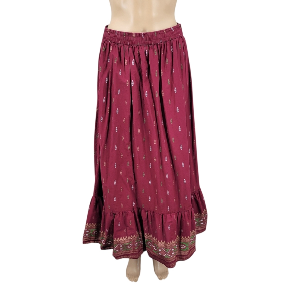 Ayurvastram Anu Metallic Block Print  Pure Cotton Burgundy Maxi Skirt